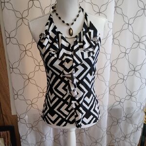Black & White Geometric Ruffle Halter Tank Top - Women